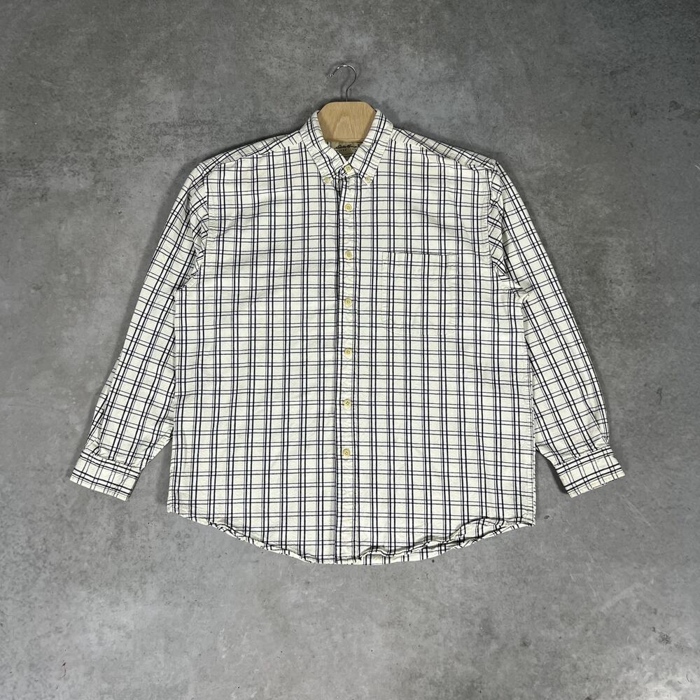 Eddie Bauer White Black Long Sleeve Men's Large Plaid Shirt Button Down